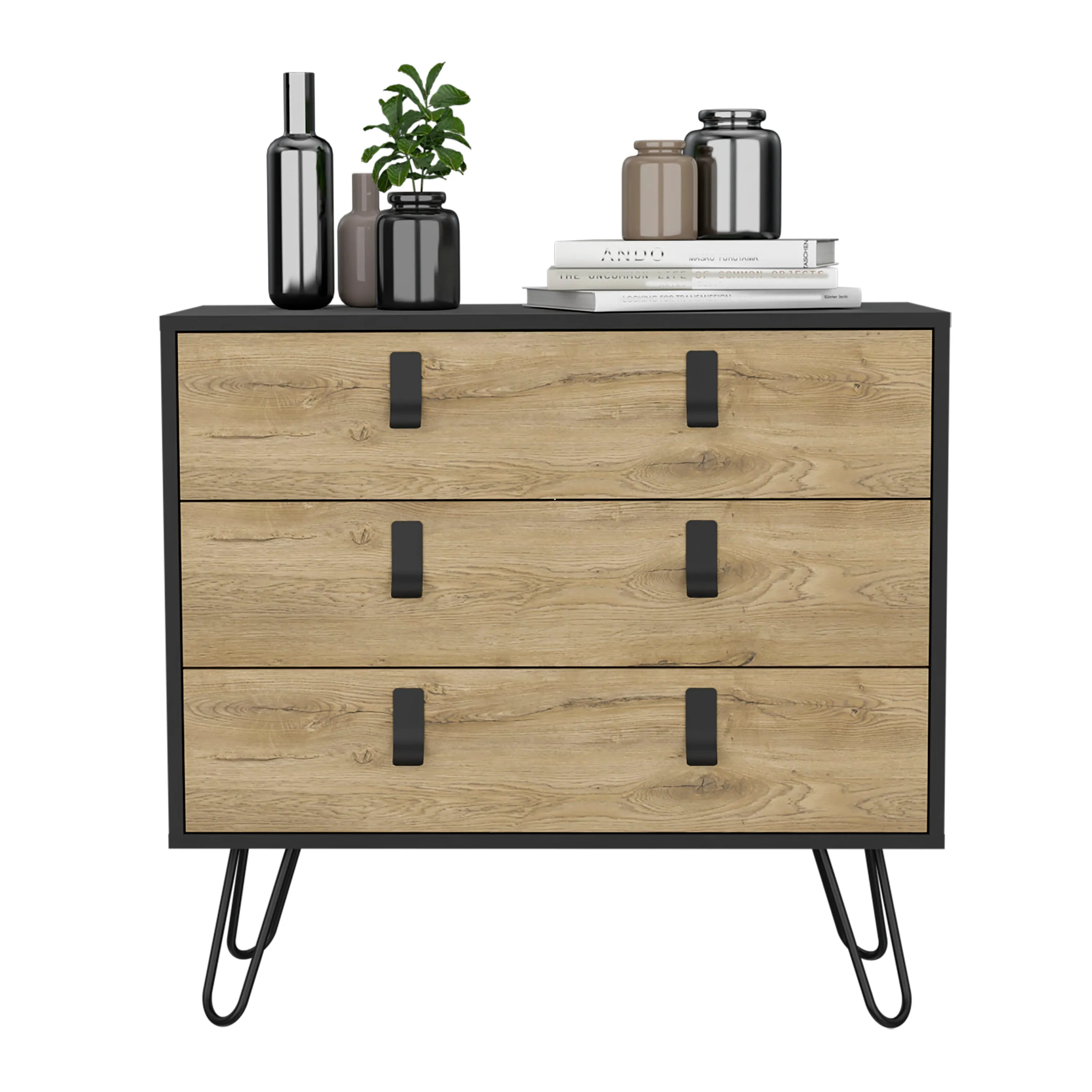Dresser 29" H, 3-Drawer organiser, Modern Chest of Drawers with Hairpin Legs and Metal Accents, Black / Macadamia
