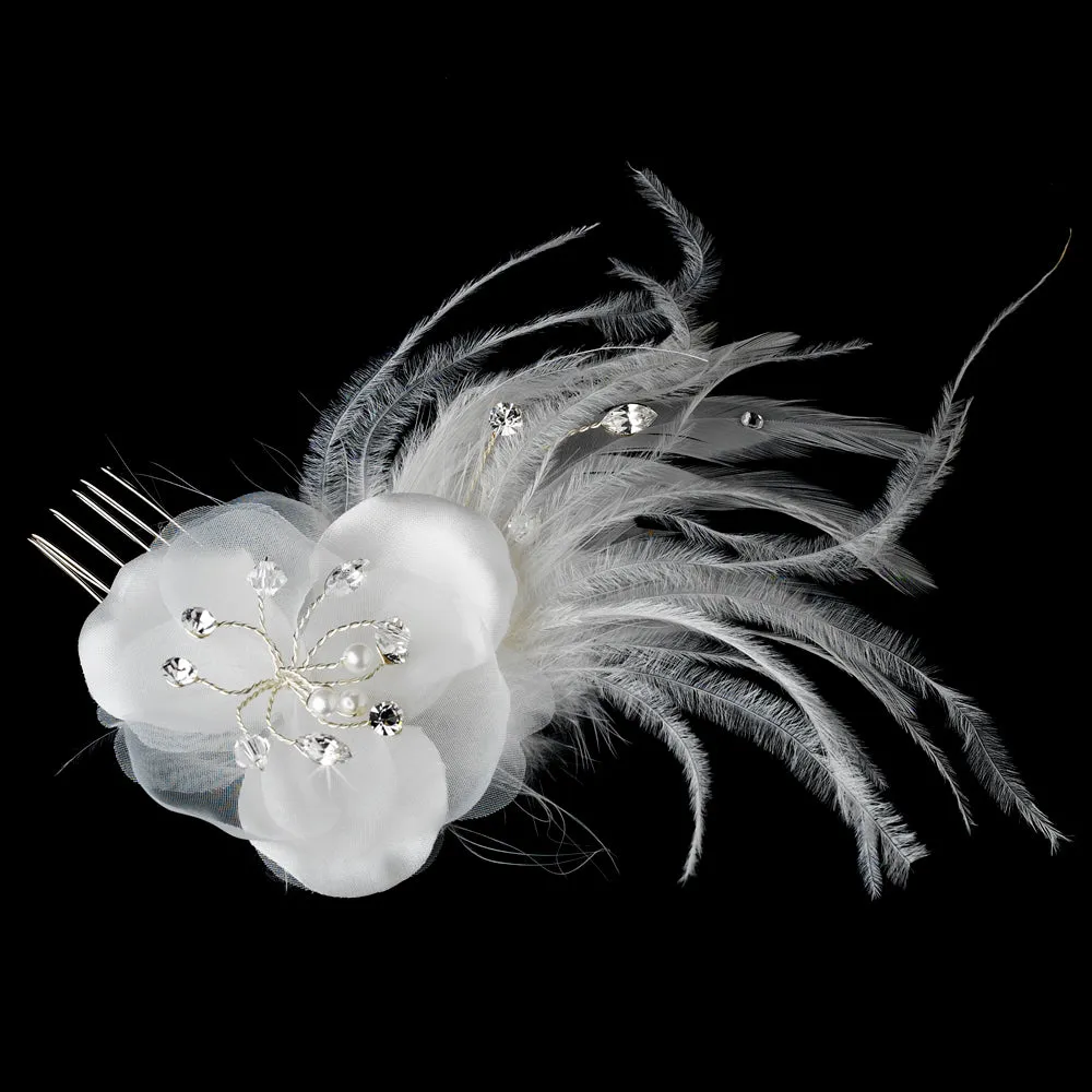 Feather Plume Crystal Pearl Wedding Hair Comb with Silk Petals