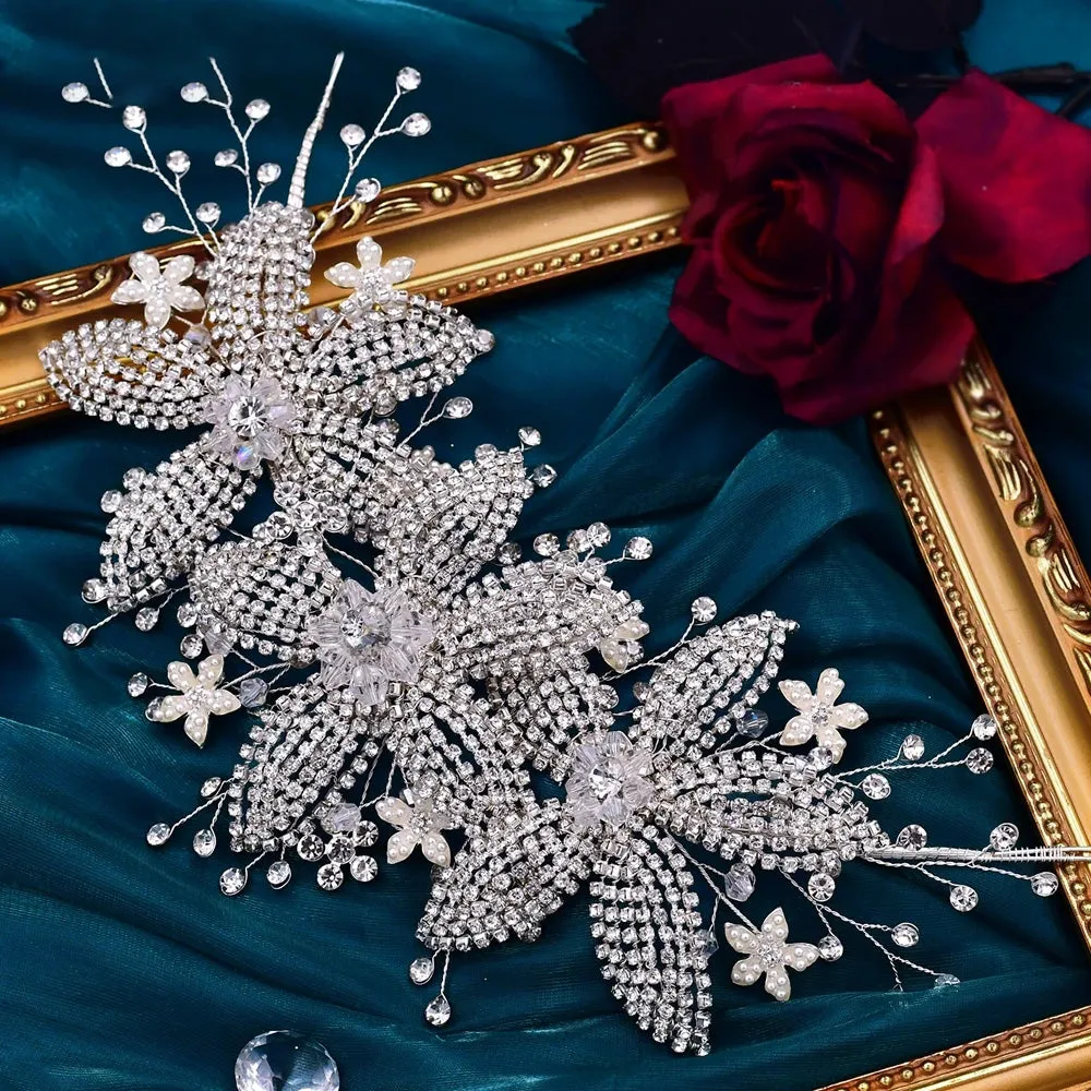 Flower Headpiece for Bride Rhinestone Bridal Headband Wedding Hair Accessories