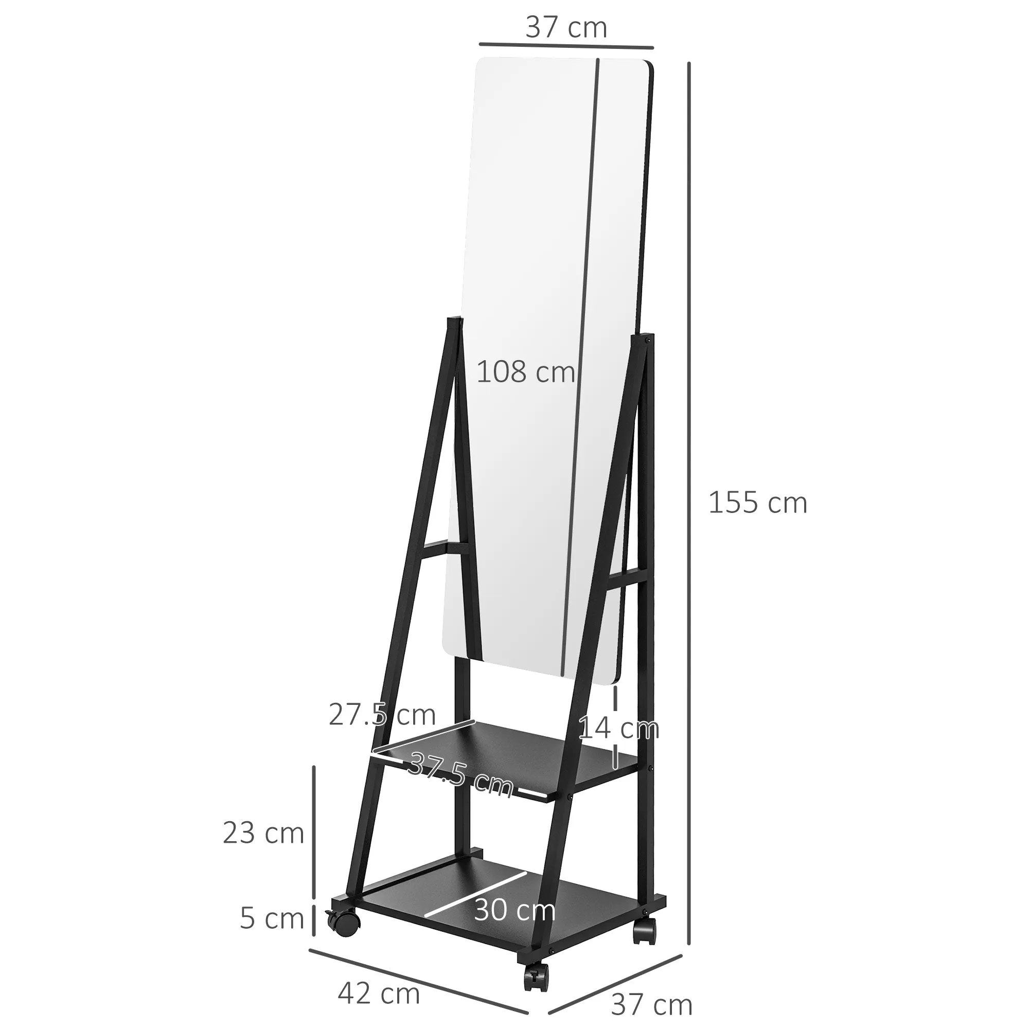 Free Standing Dressing Mirror, Rolling Full Length Mirror on Wheels with Adjustable Angle, Storage Shelves for Bedroom
