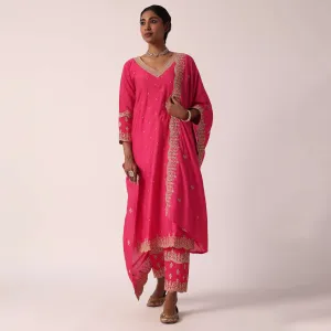 Fuchsia Pink Chanderi Pant Set With Embroidered Kurta