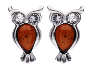 Genuine Baltic Amber - Owl earrings - 925 Sterling Silver