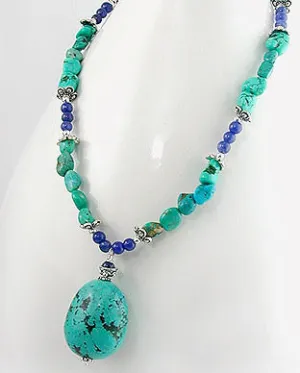 Genuine Turquoise and Blue Lapis Gemstone Sterling Silver 18" Necklace