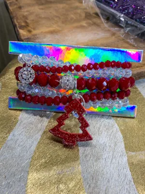 Glittered Christmas Tree Bracelet Set - Red Mix