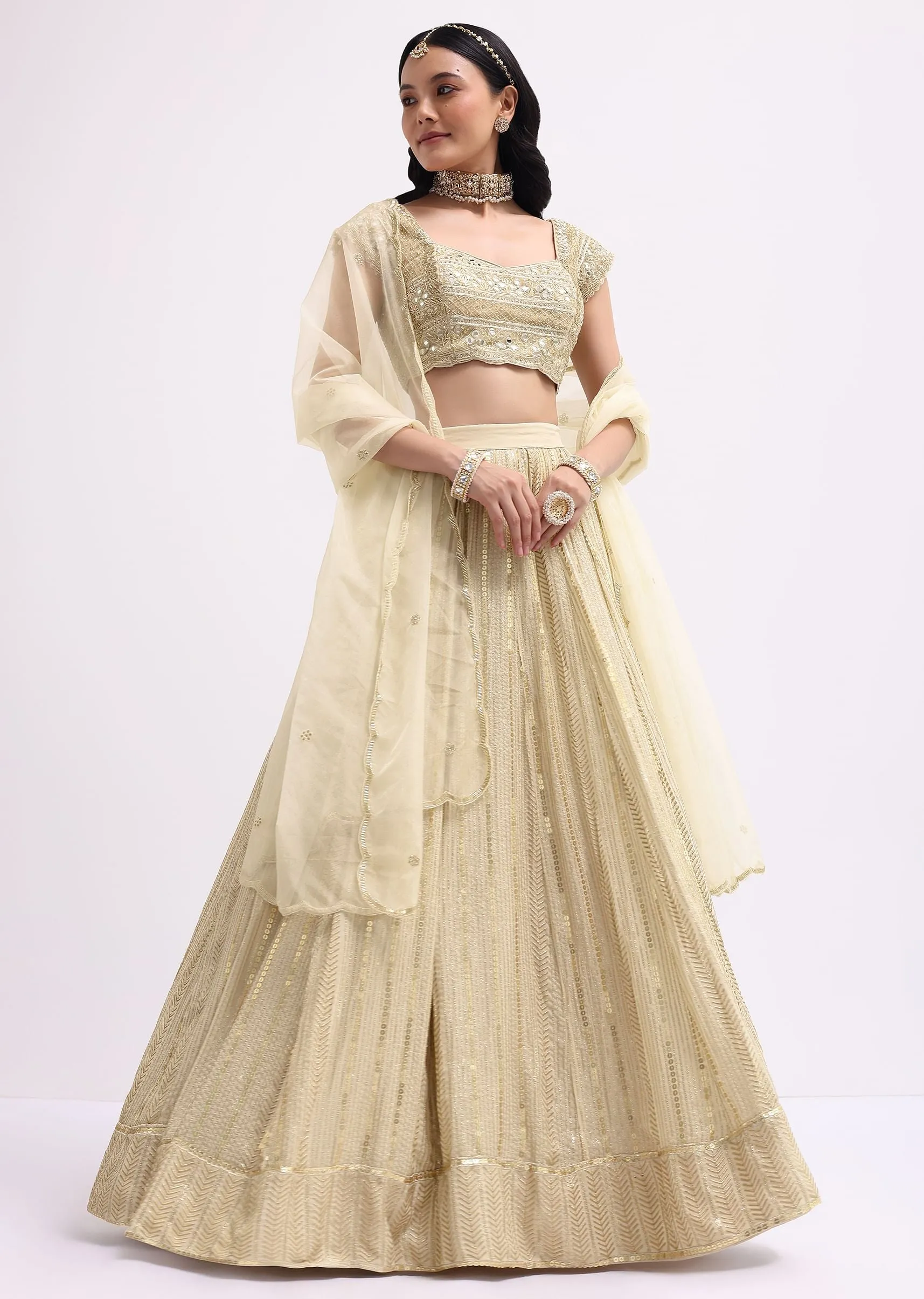 Gold And Ivory Embroidered Net Lehenga Choli Set