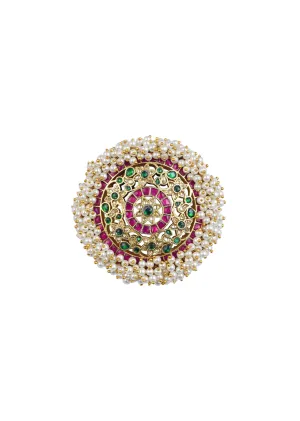 Gold Finish Temple Jadau Ring With Meenakari And Pearls