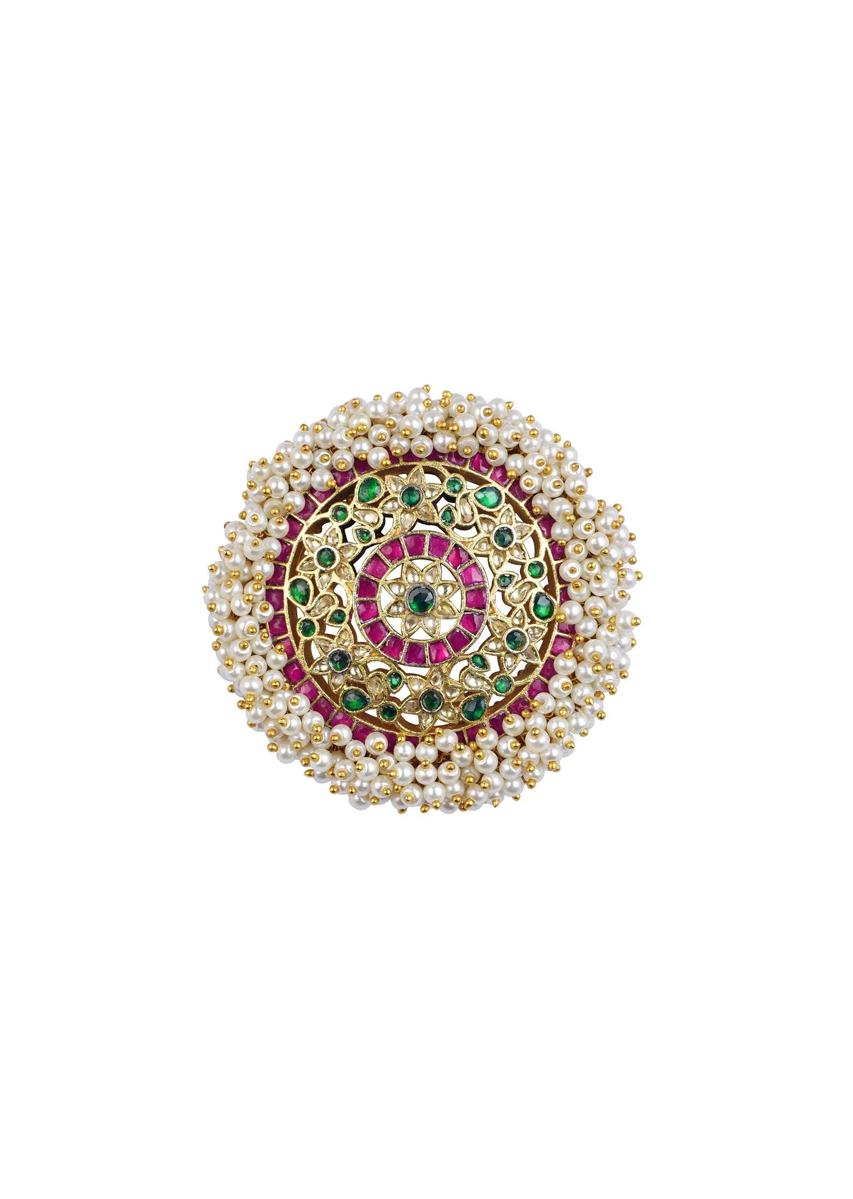 Gold Finish Temple Jadau Ring With Meenakari And Pearls