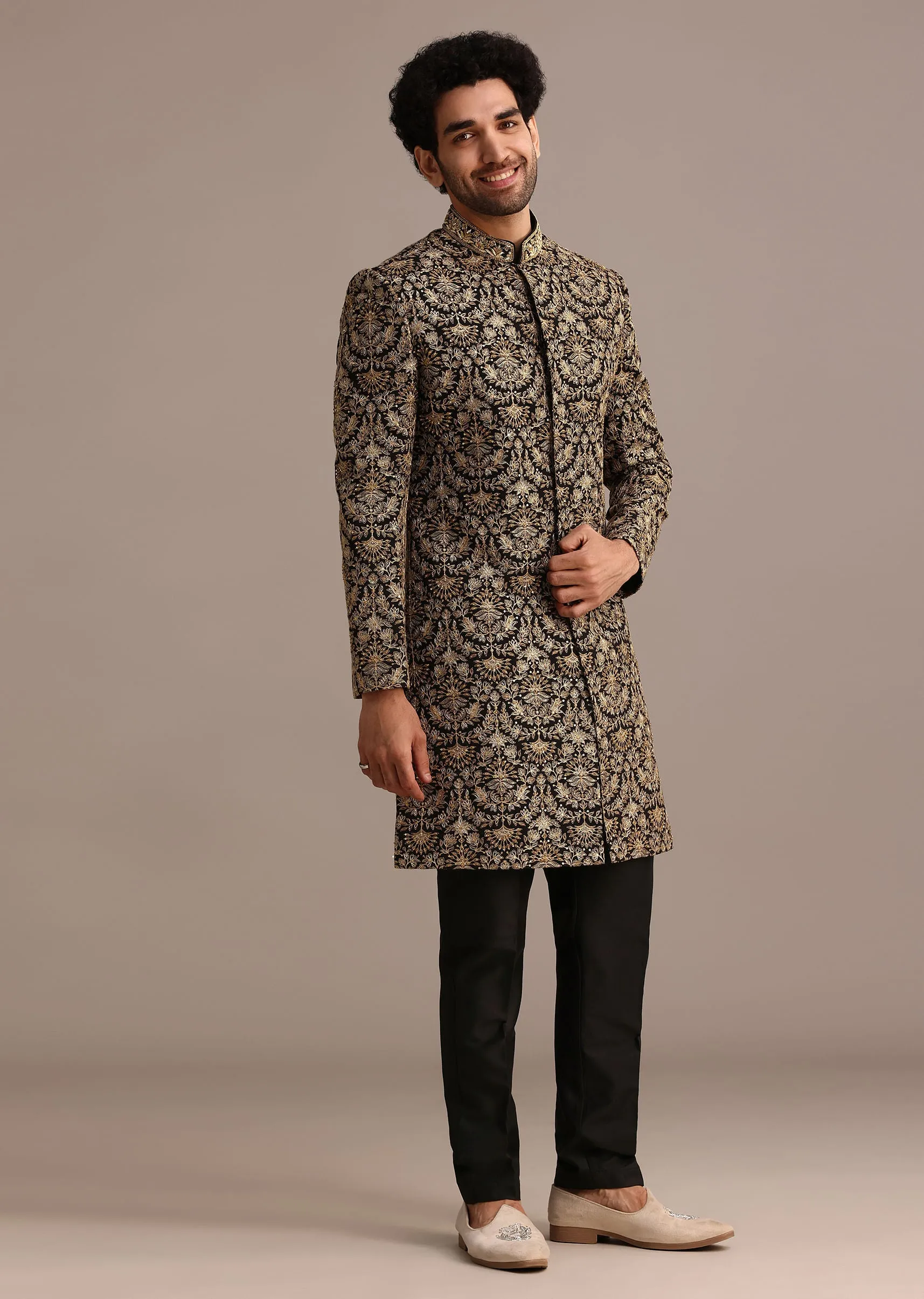 Gold Hand Embroidered Silk Sherwani Suit