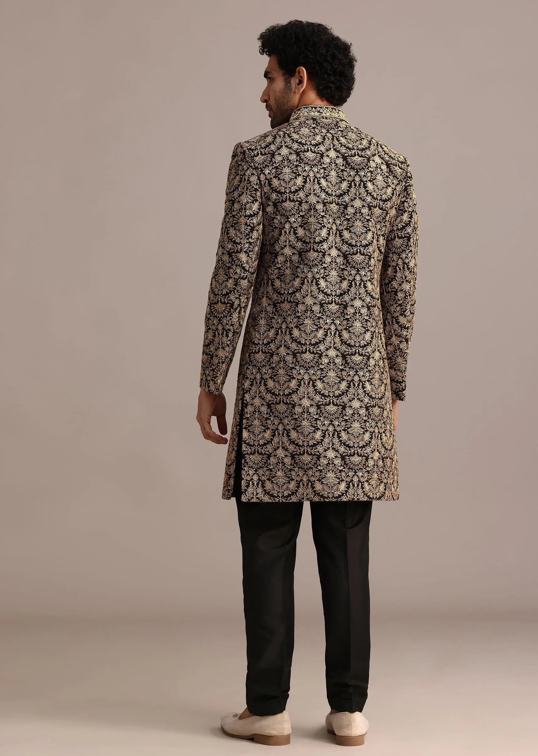Gold Hand Embroidered Silk Sherwani Suit