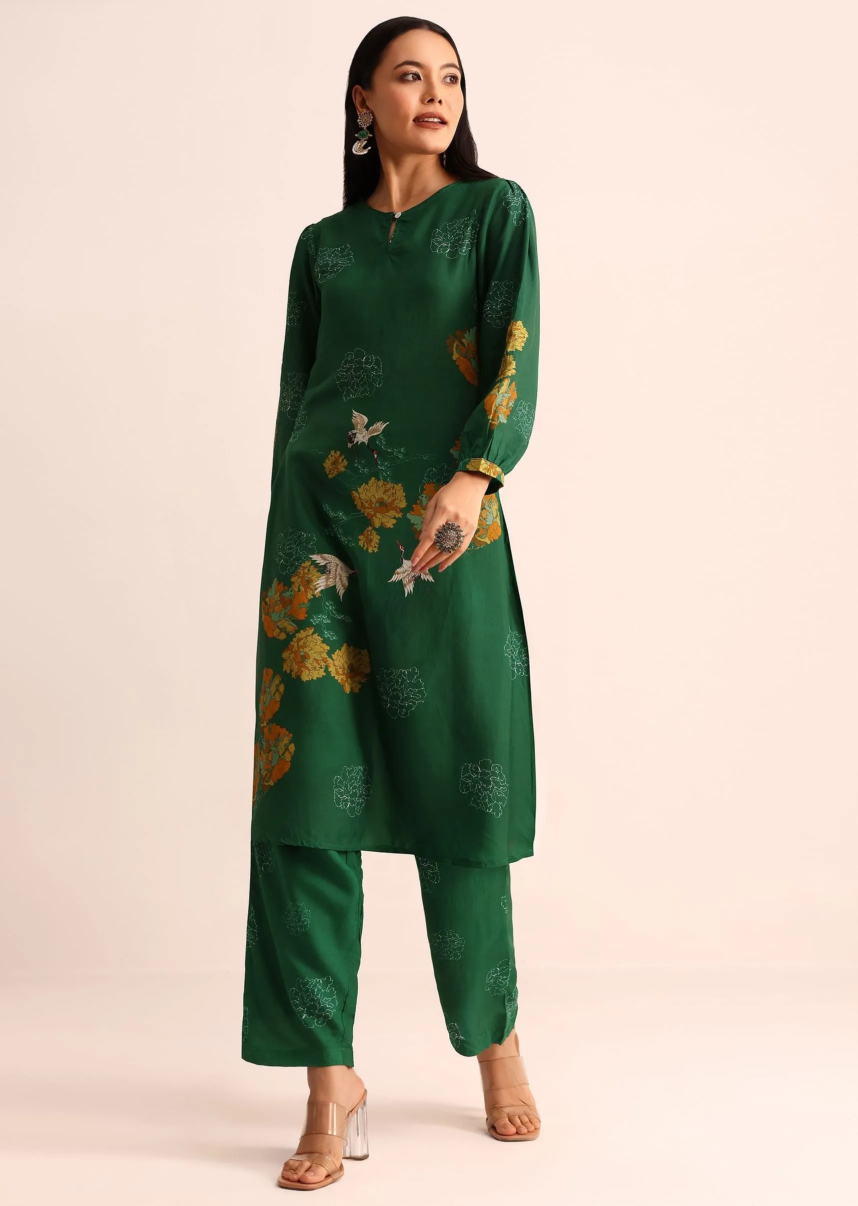 Green Abstract Printed Chanderi Kurti And Pant