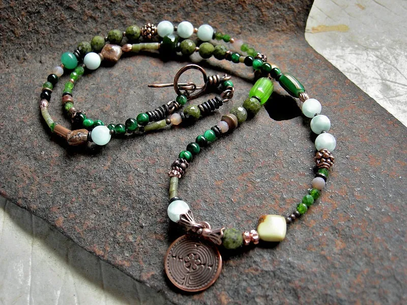 Green Maze Wrap Bracelet/Necklace, Green Gemstone, Glass, Copper