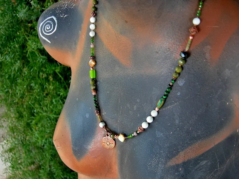 Green Maze Wrap Bracelet/Necklace, Green Gemstone, Glass, Copper