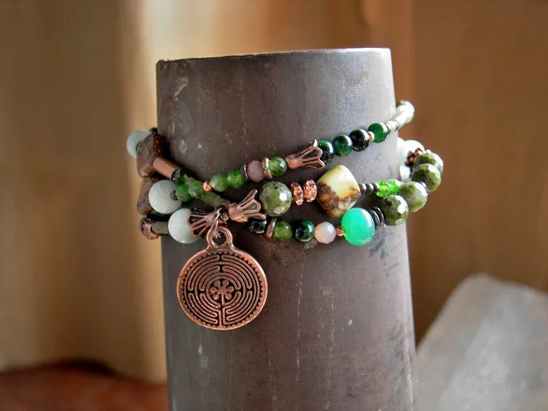 Green Maze Wrap Bracelet/Necklace, Green Gemstone, Glass, Copper