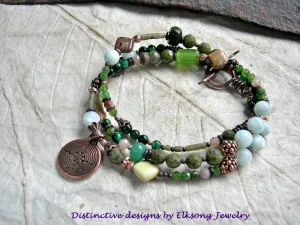 Green Maze Wrap Bracelet/Necklace, Green Gemstone, Glass, Copper