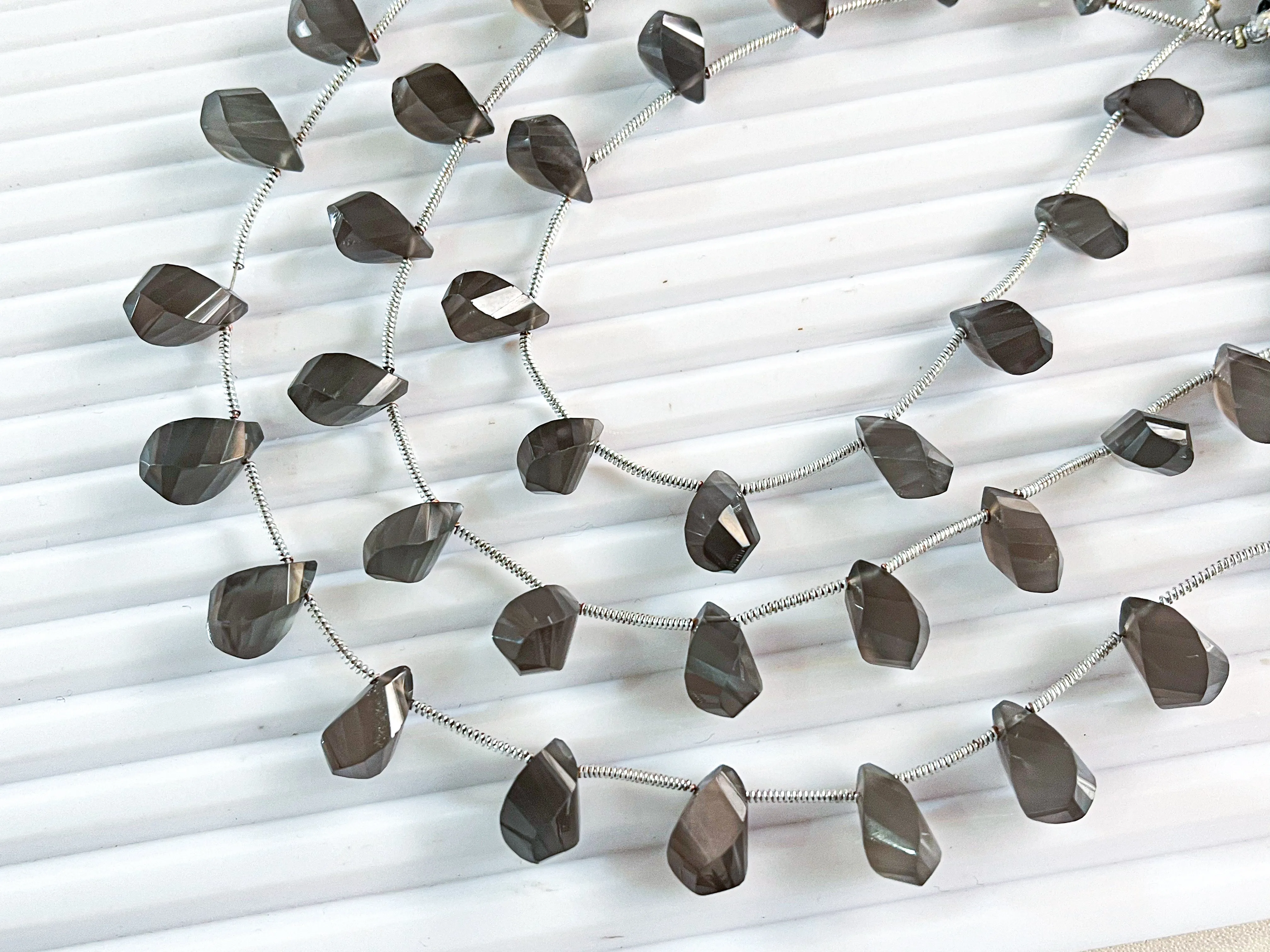 Grey moonstone twisted shape faceted Drops