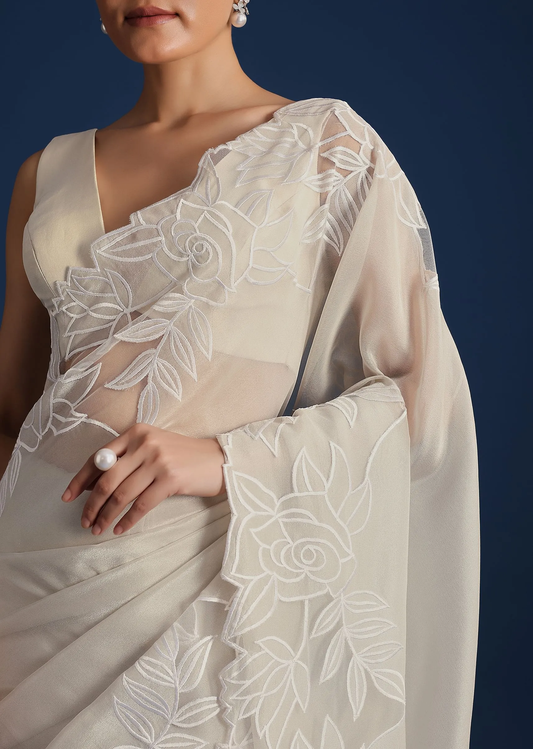 Grey Soft Tissue Saree With Resham Thread and Cutwork