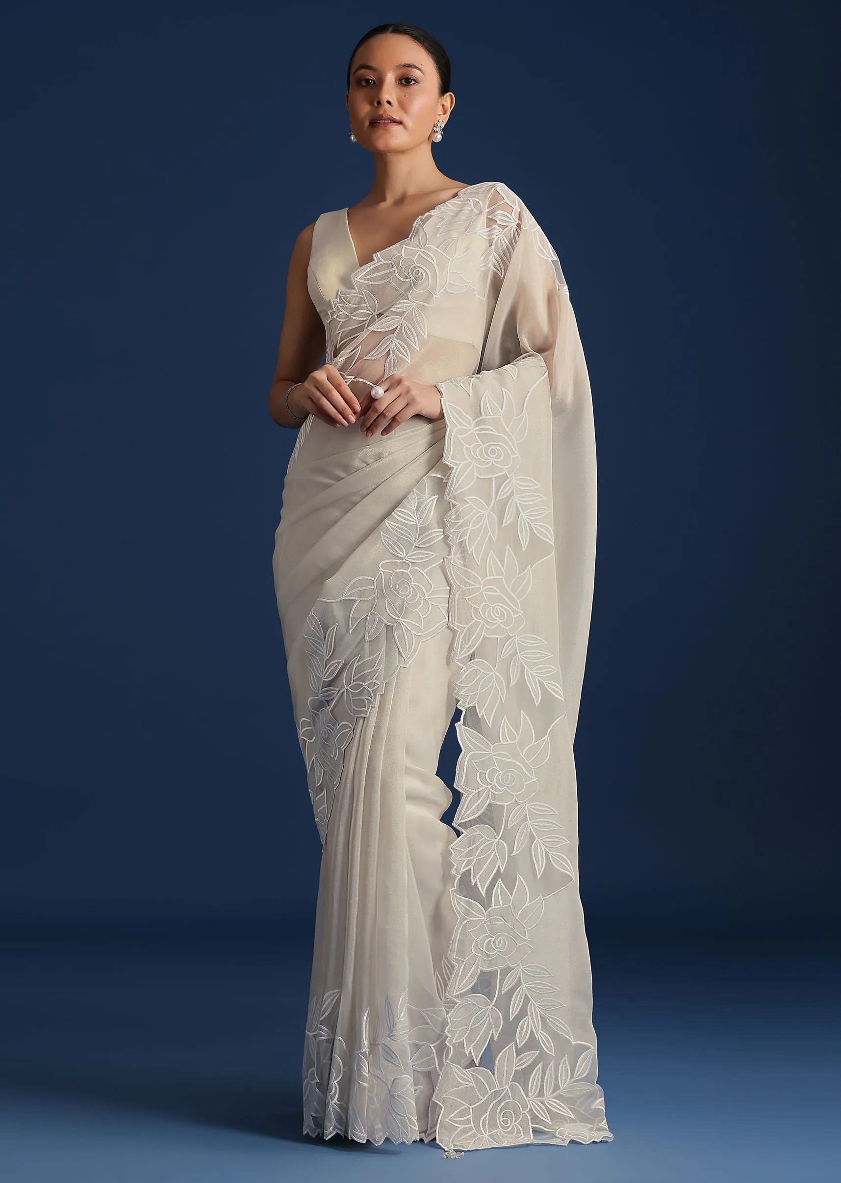 Grey Soft Tissue Saree With Resham Thread and Cutwork