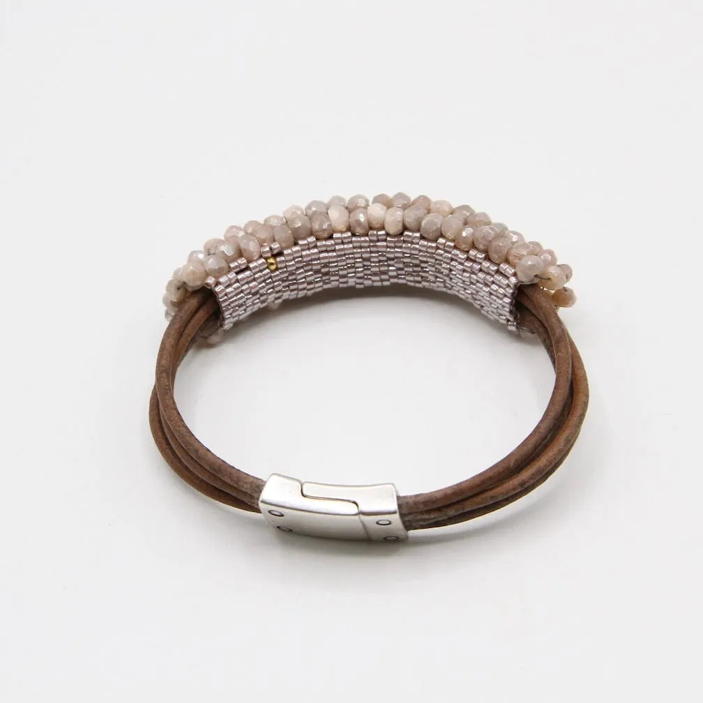 Hand Stitched Blush Moonstone Leather Cuff Bracelet