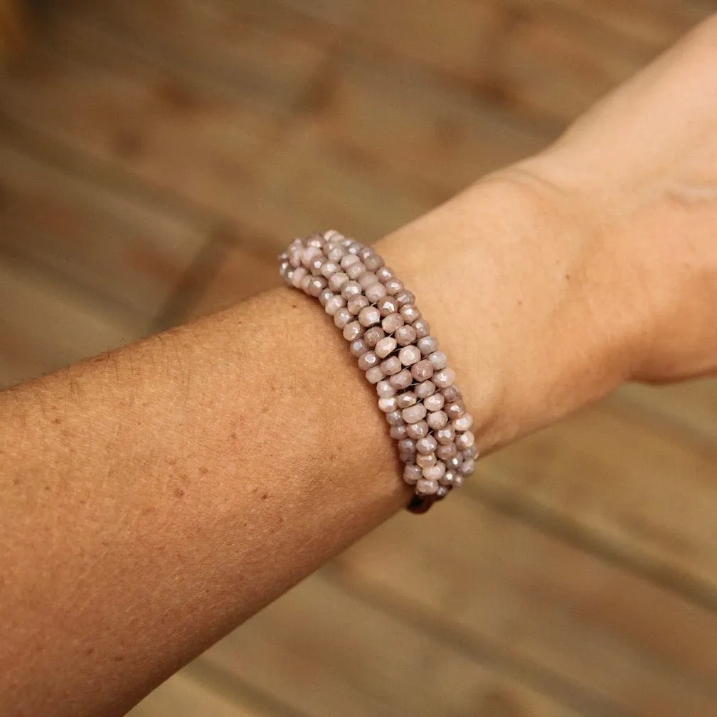 Hand Stitched Blush Moonstone Leather Cuff Bracelet