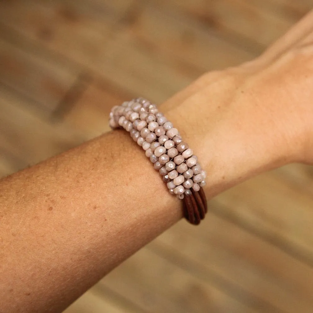 Hand Stitched Blush Moonstone Leather Cuff Bracelet