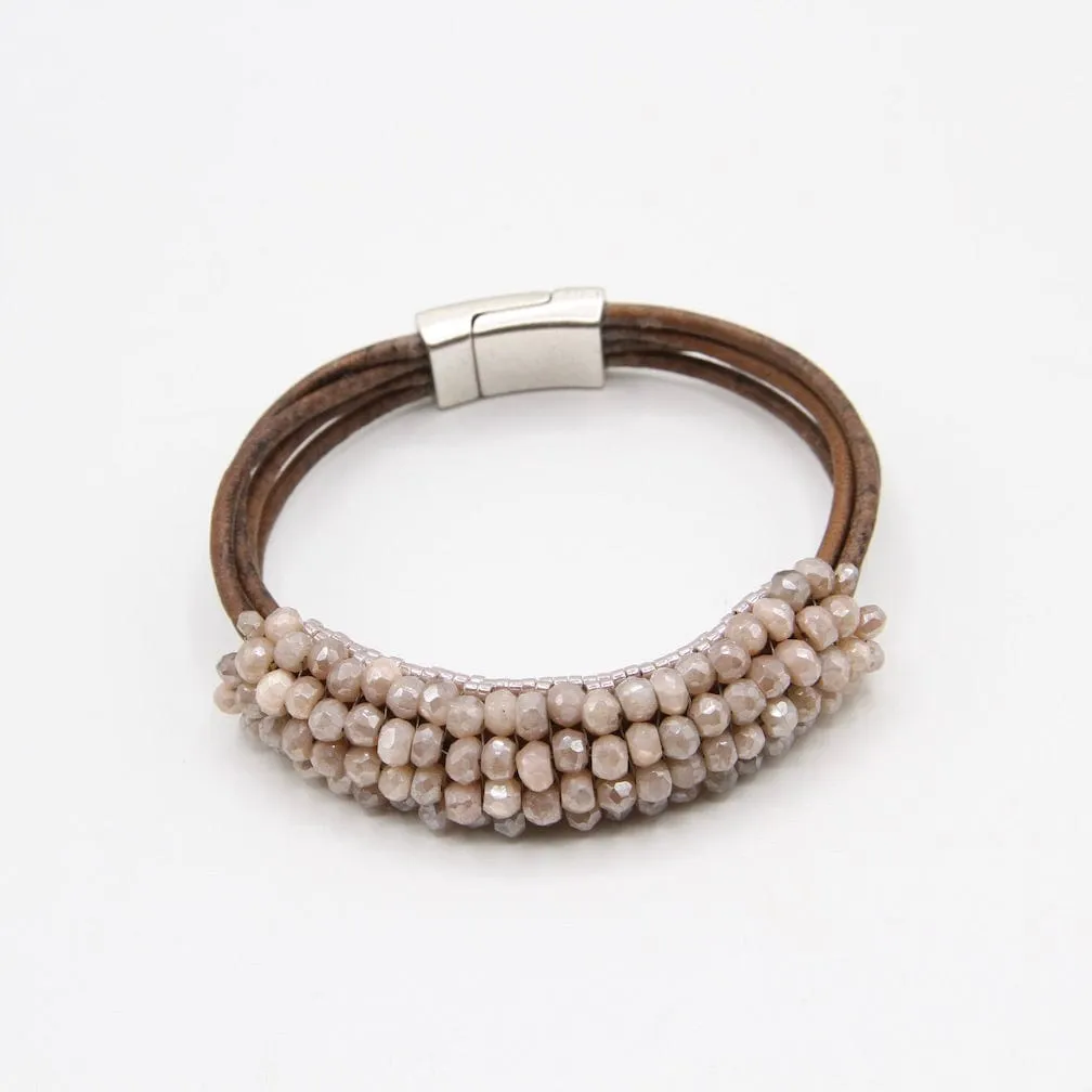 Hand Stitched Blush Moonstone Leather Cuff Bracelet