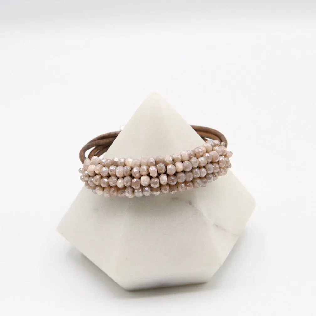 Hand Stitched Blush Moonstone Leather Cuff Bracelet
