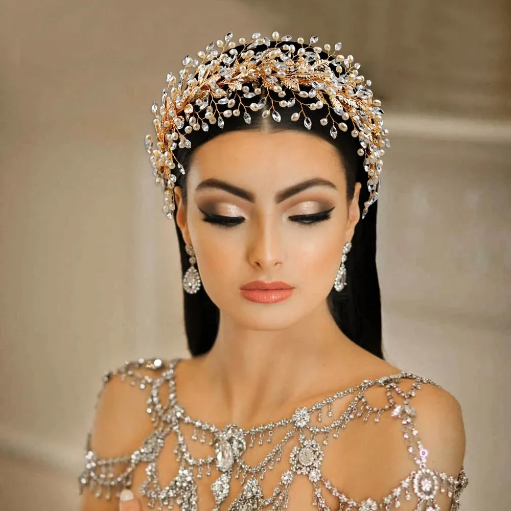 Handmade Pearl Hair Hoop Bridal Elegant Alloy Leaf Hairbands