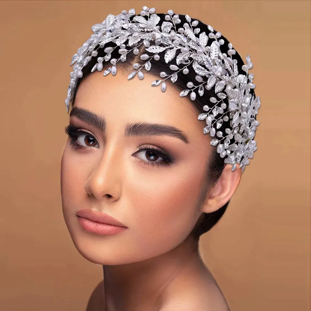 Handmade Pearl Hair Hoop Bridal Elegant Alloy Leaf Hairbands