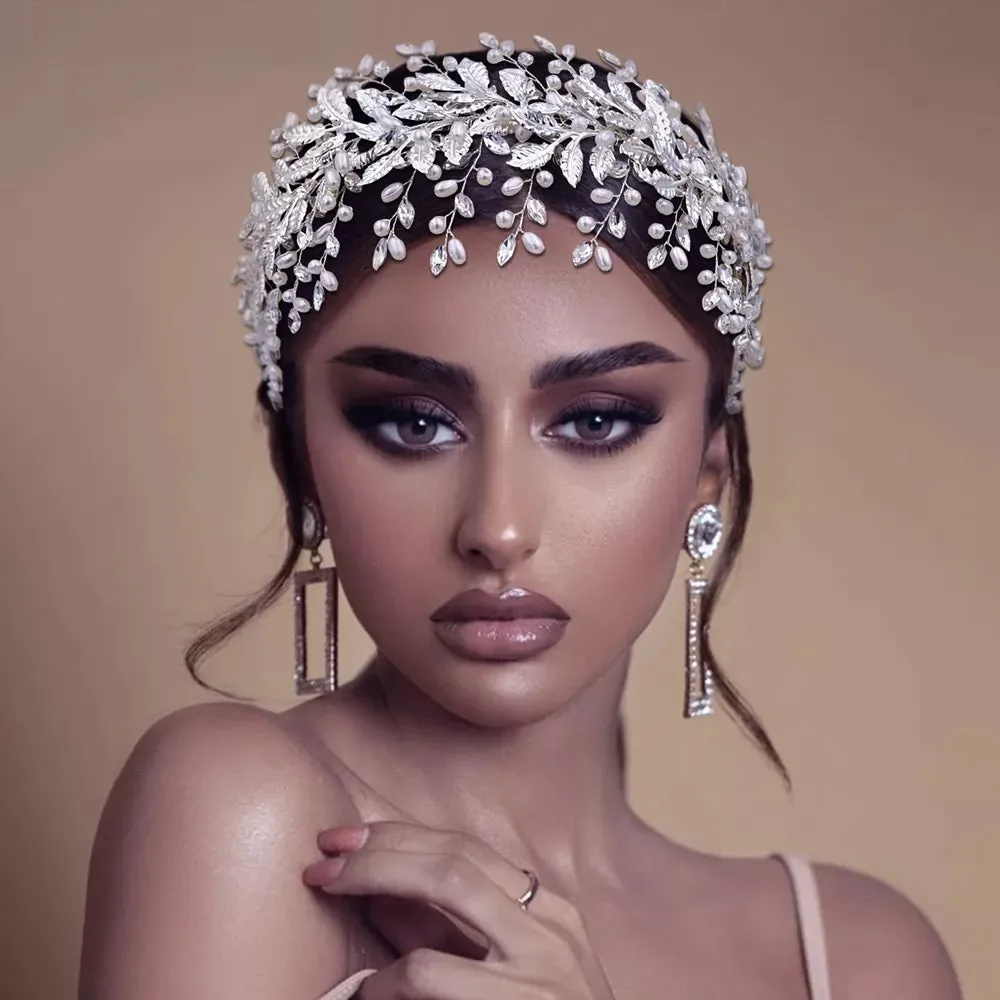 Handmade Pearl Hair Hoop Bridal Elegant Alloy Leaf Hairbands
