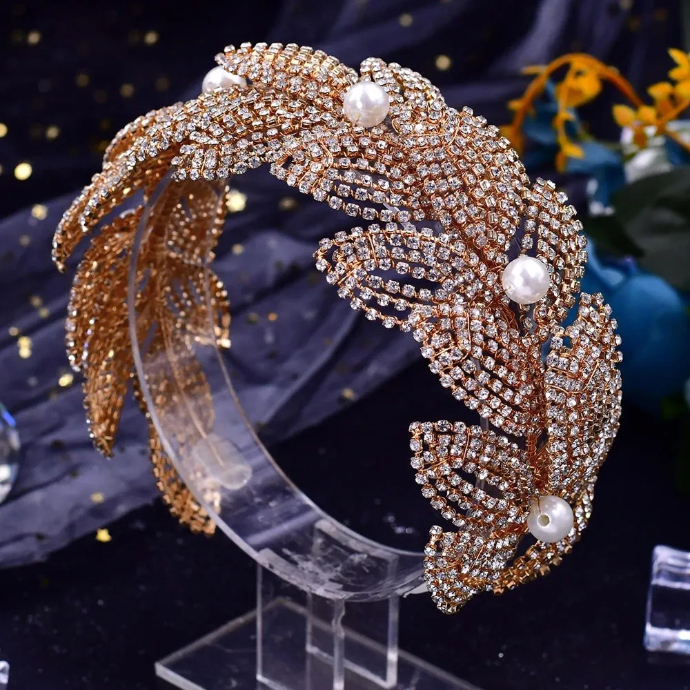 Handmade Pearl Hair Hoop Bridal Elegant Alloy Leaf Hairbands