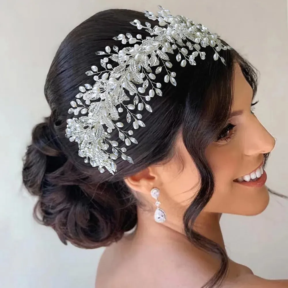 Handmade Pearl Hair Hoop Bridal Elegant Alloy Leaf Hairbands