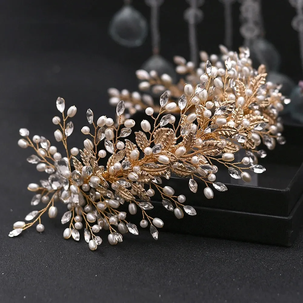 Handmade Pearl Hair Hoop Bridal Elegant Alloy Leaf Hairbands