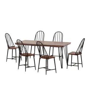 Kaia Faux Wood 7 Piece Dining Set, Dark Brown, Black