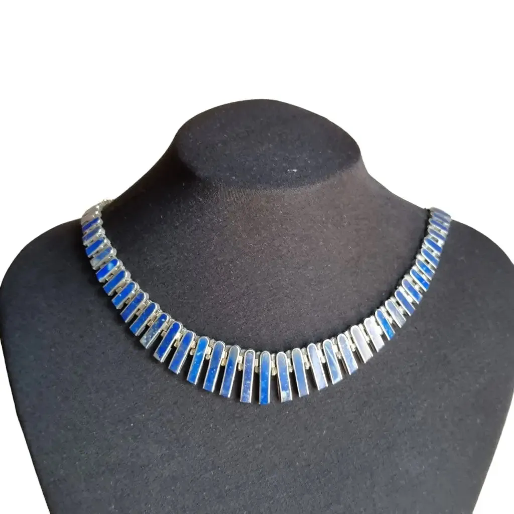 Lapis lazuli cleopatra choker, articulated fringes, 925 sterling silver,