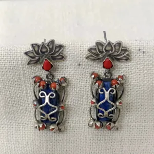 Lapiz and Coral Silver Earrings