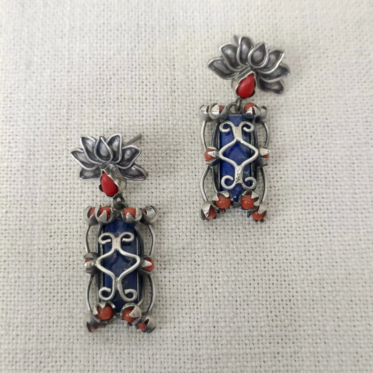 Lapiz and Coral Silver Earrings