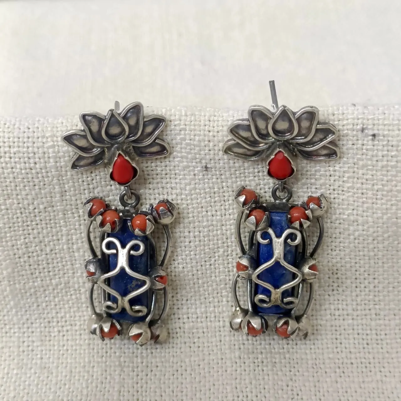 Lapiz and Coral Silver Earrings