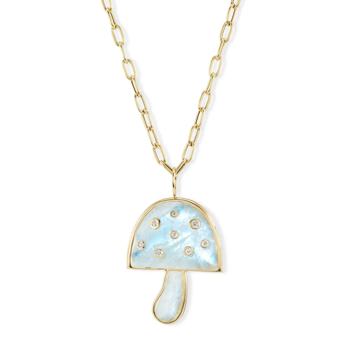Large Magic Mushroom Pendant with Rainbow Moonstone & Diamonds