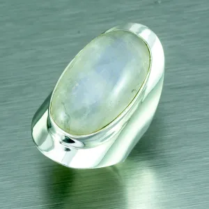 Large Rainbow Moonstone Oval Silver Ring