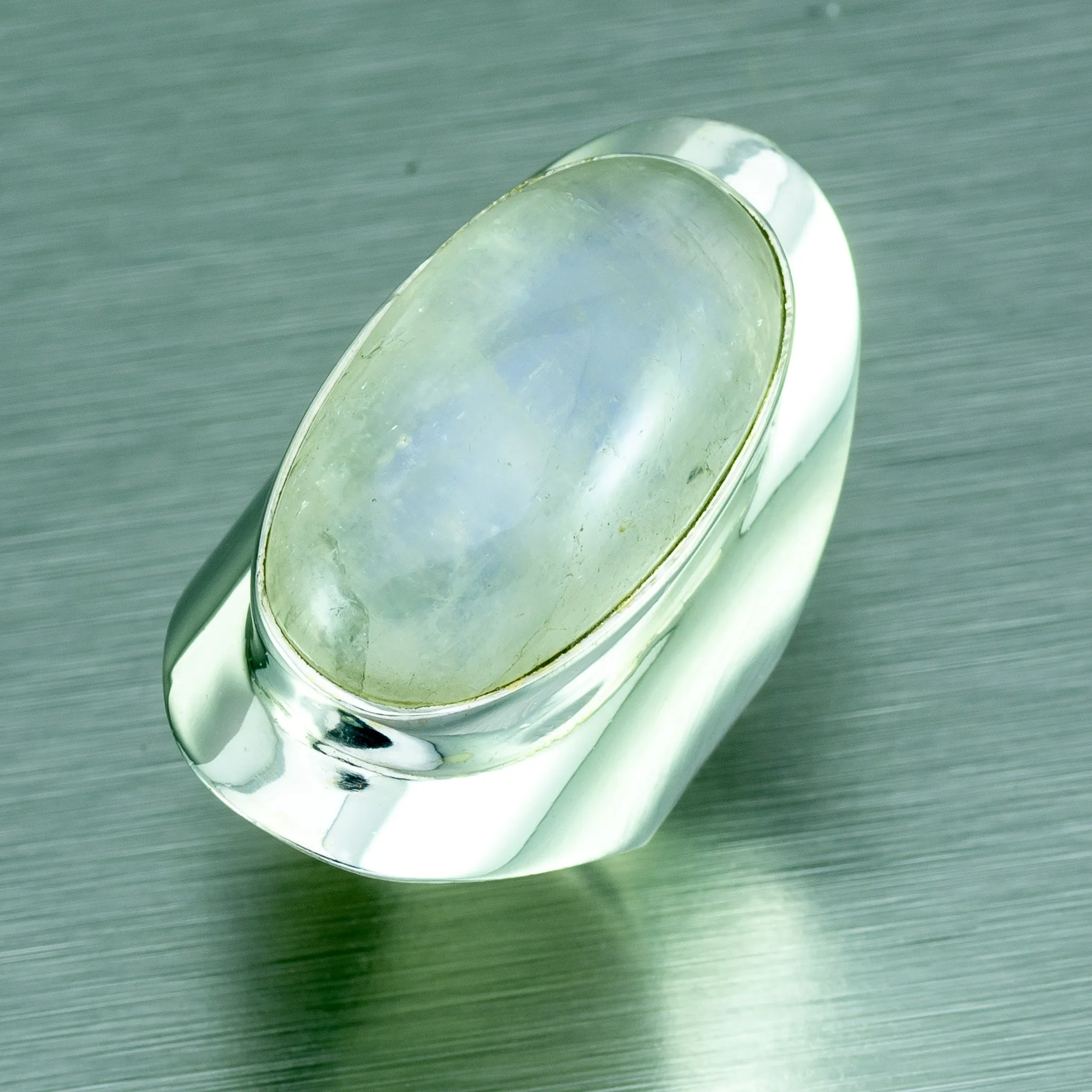 Large Rainbow Moonstone Oval Silver Ring