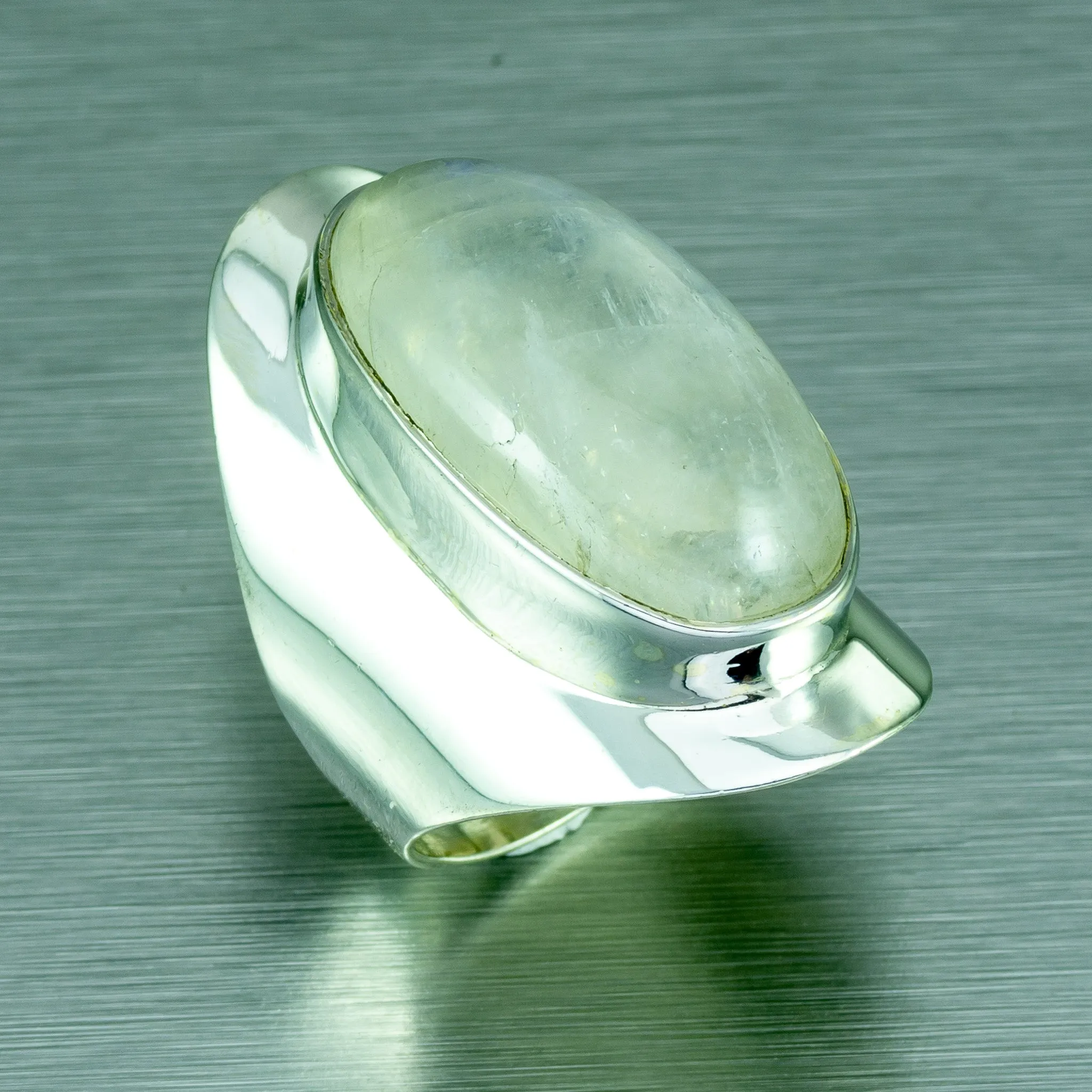 Large Rainbow Moonstone Oval Silver Ring