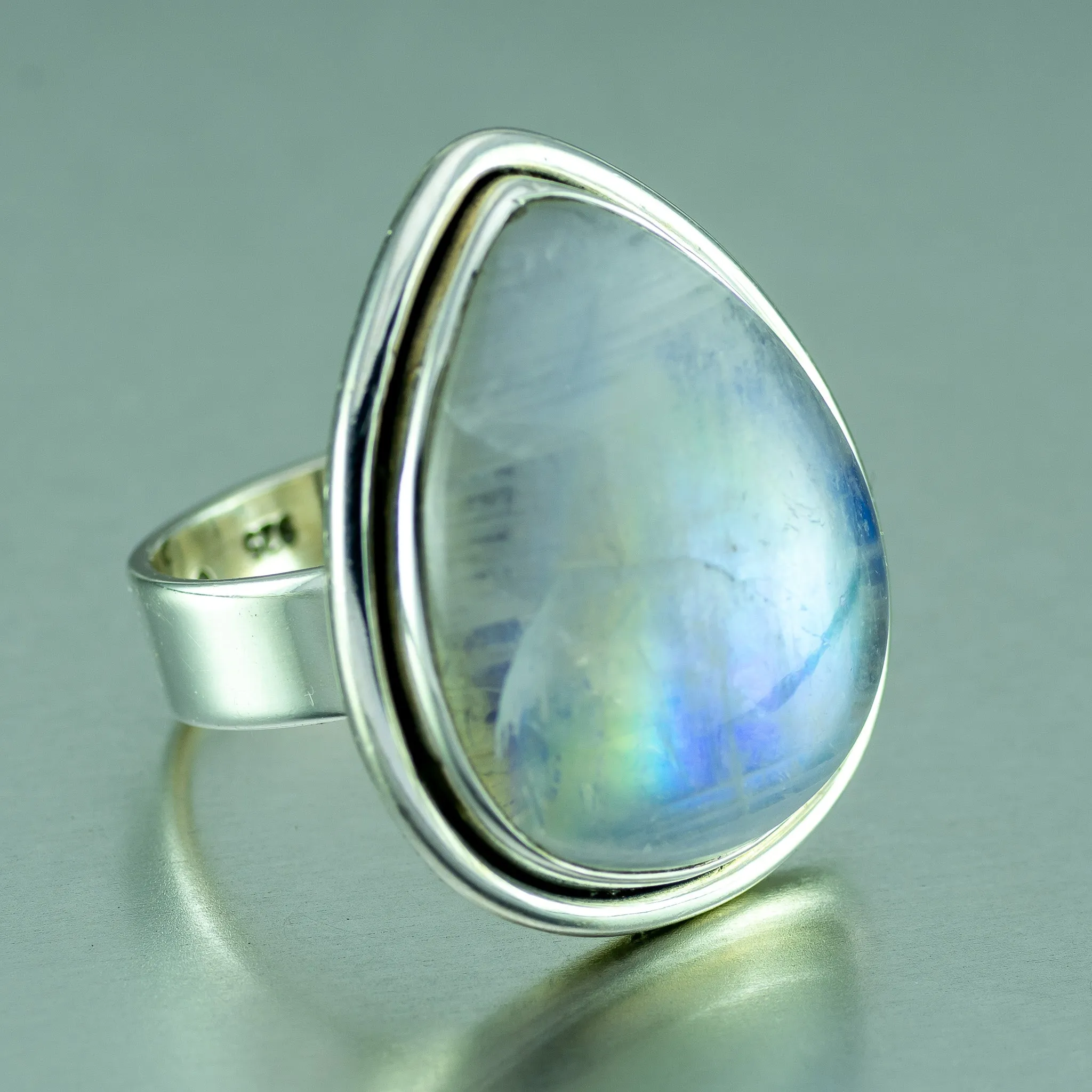 Large Rainbow Moonstone Pear Shape Silver Ring