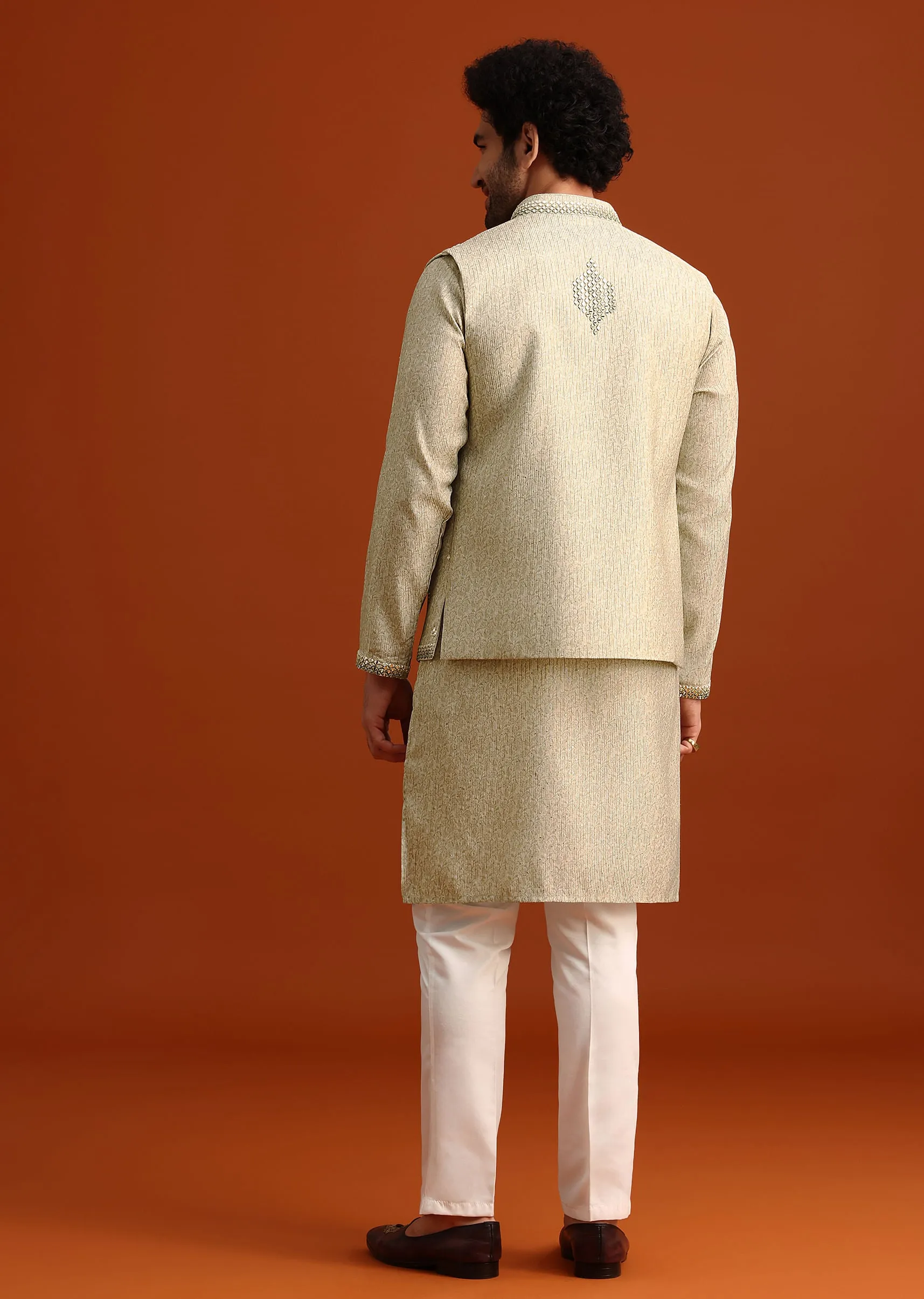 Light Pista Cotton Silk Jacket Kurta And Jacket Set With Mirror Work