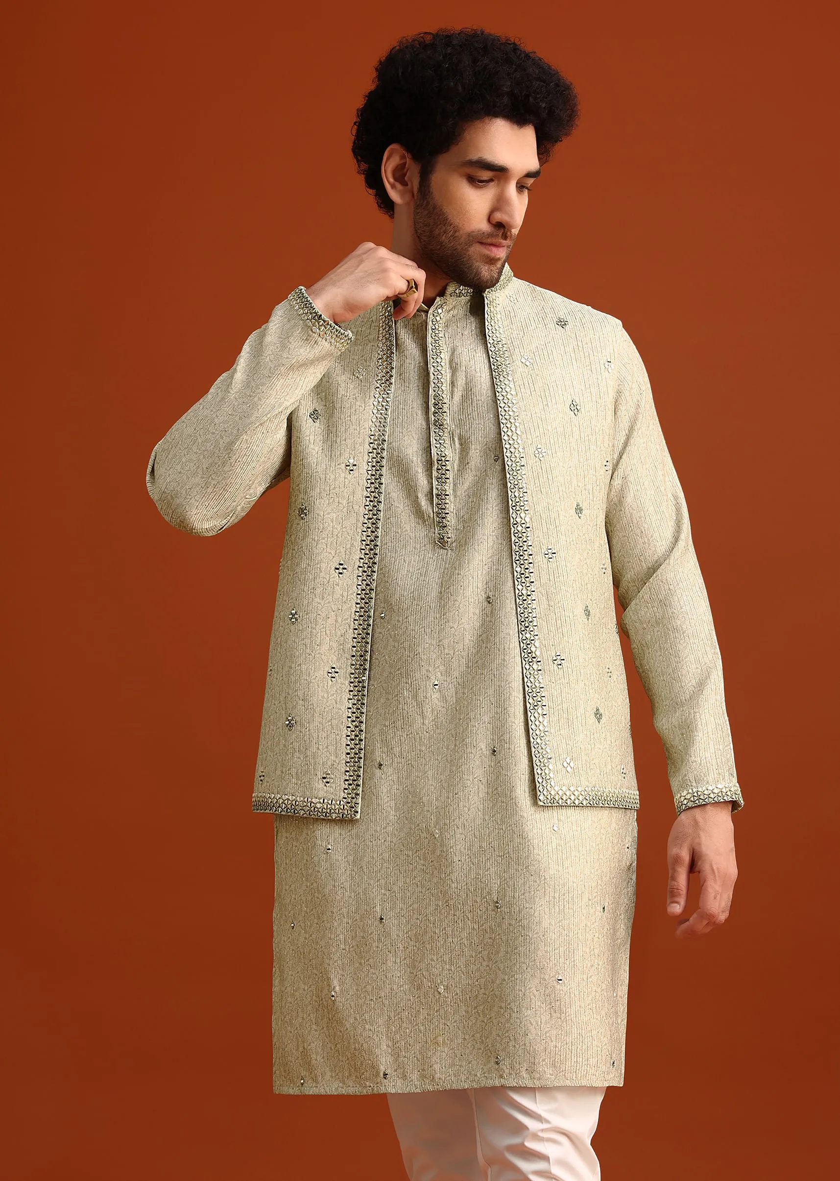 Light Pista Cotton Silk Jacket Kurta And Jacket Set With Mirror Work