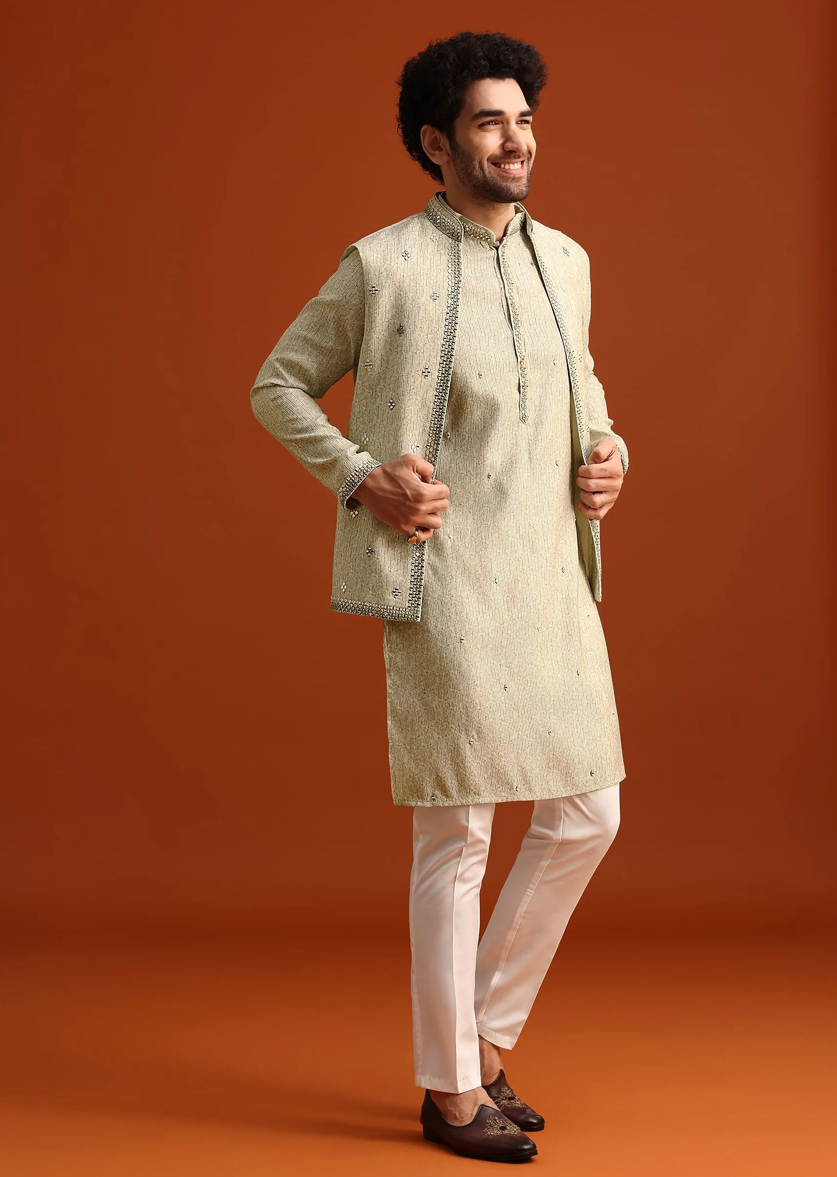 Light Pista Cotton Silk Jacket Kurta And Jacket Set With Mirror Work
