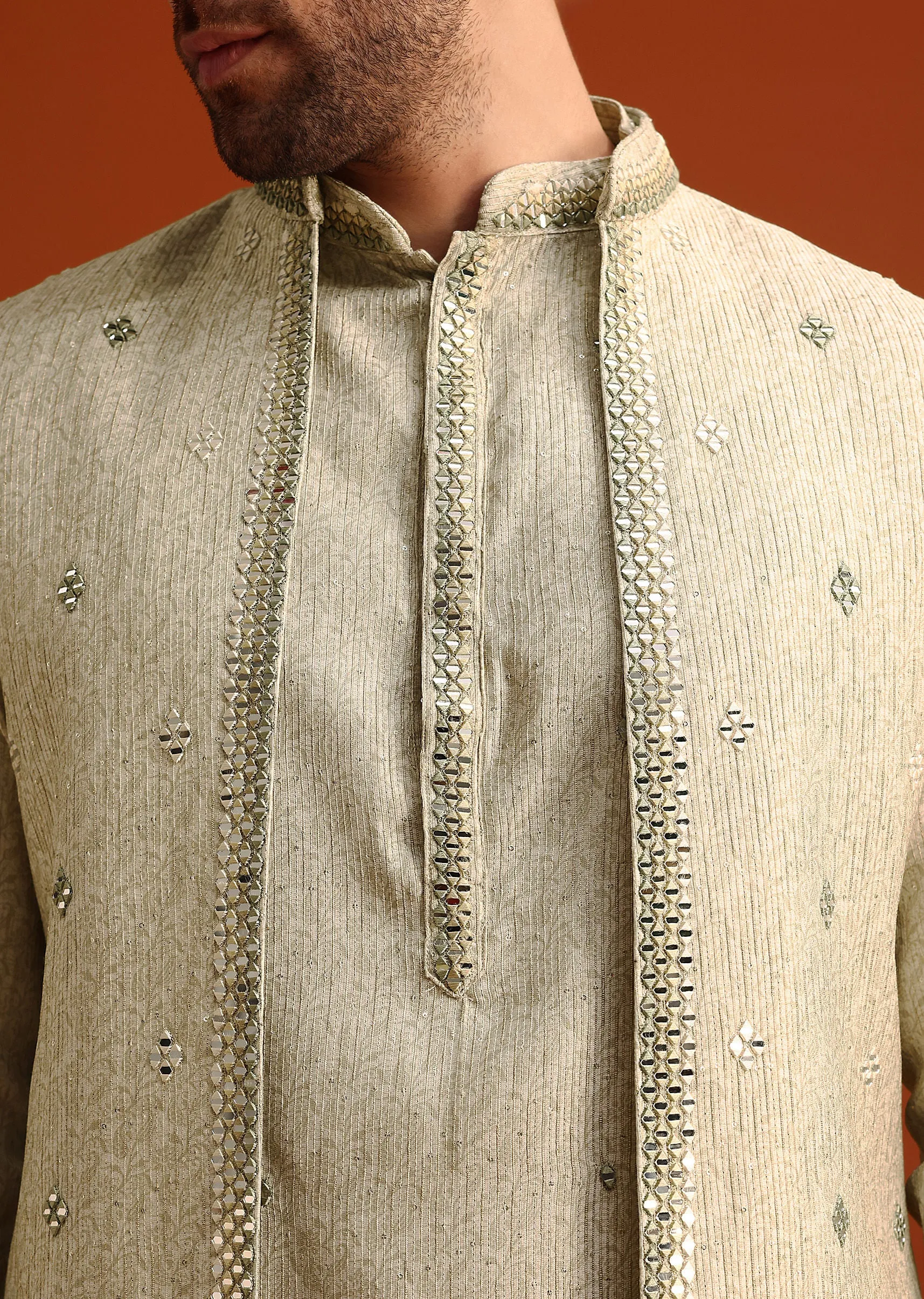 Light Pista Cotton Silk Jacket Kurta And Jacket Set With Mirror Work