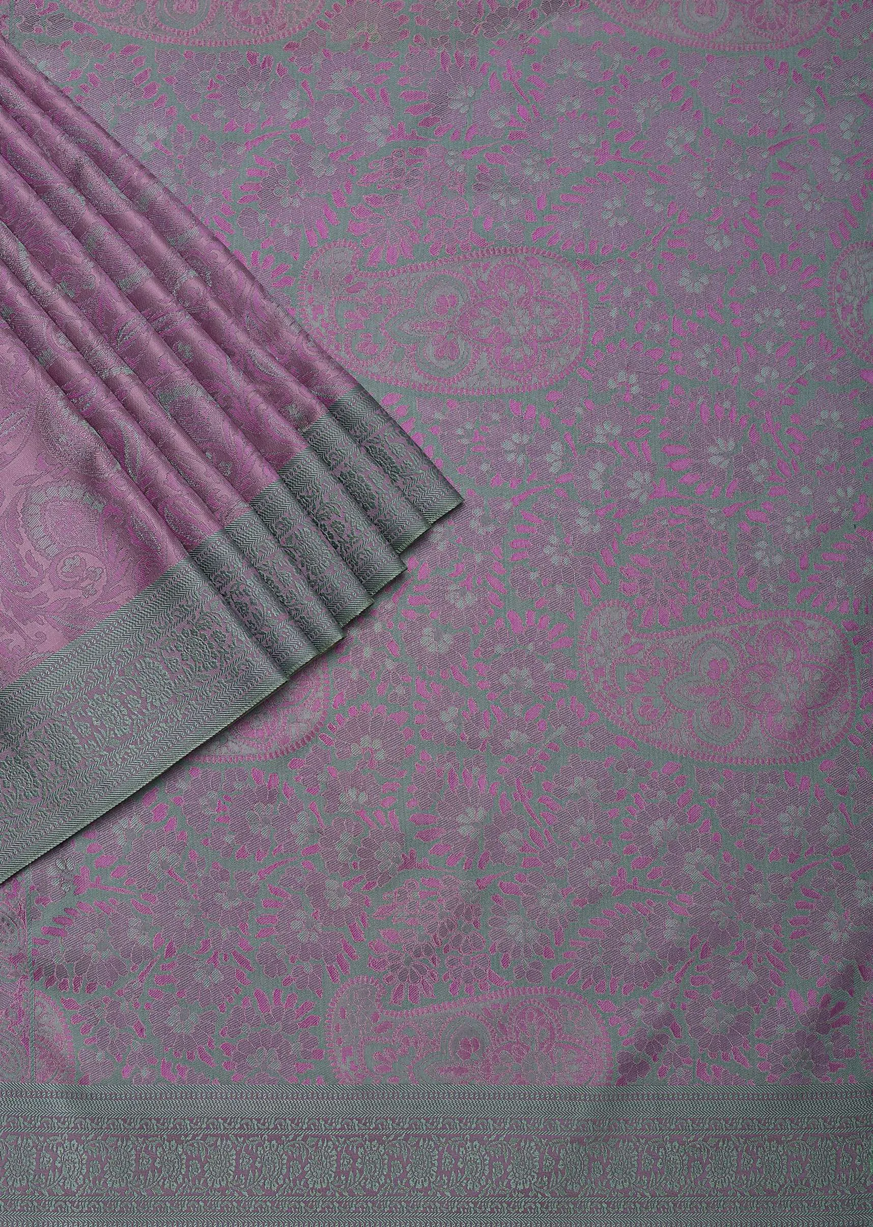 Light Purple South Resham Silk Saree With Kashmiri Weave And Unstitched Blouse Fabric
