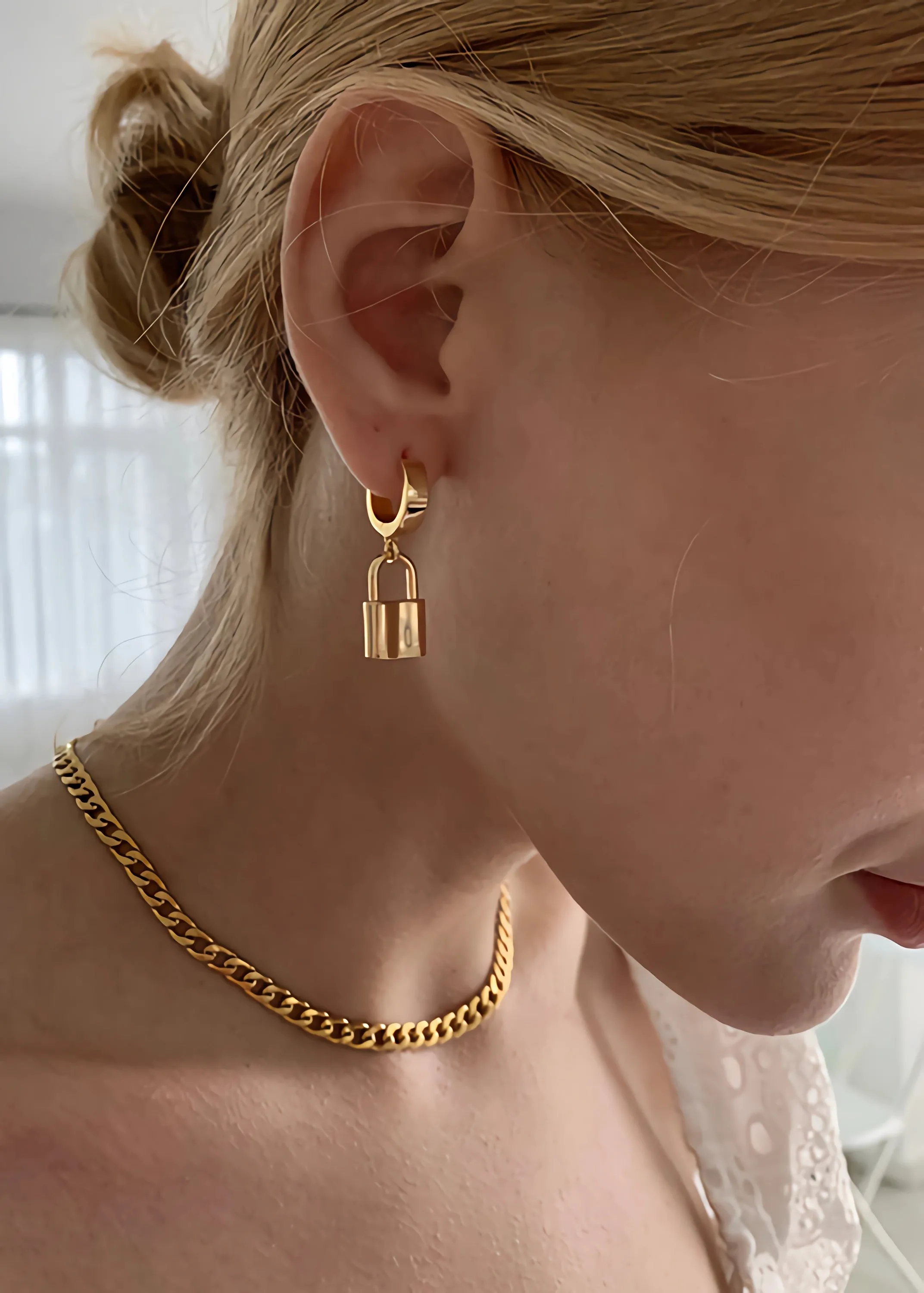 Lock Drop Huggie Hoop Earrings