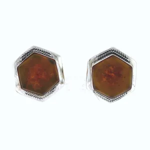 Lori Bonn Amber Cabochon Two Tone Sterling Silver Earrings