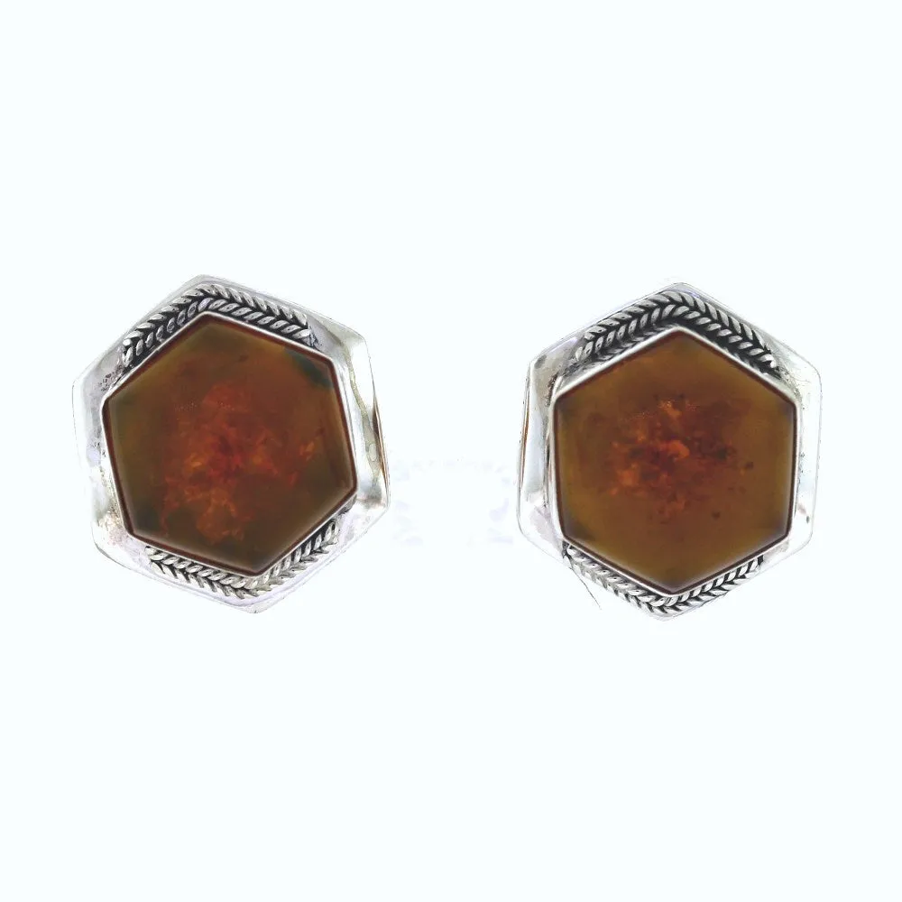 Lori Bonn Amber Cabochon Two Tone Sterling Silver Earrings